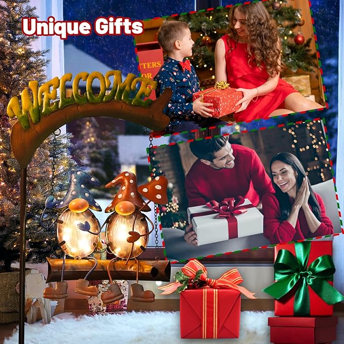 HONGLAND Solar Lights Outdoor Decor, Gnomes Swing Garden Decor, Funny Gifts for Women Mom, Gnomes Outdoor Decorations with Welcome Sign for Front Porch Patio