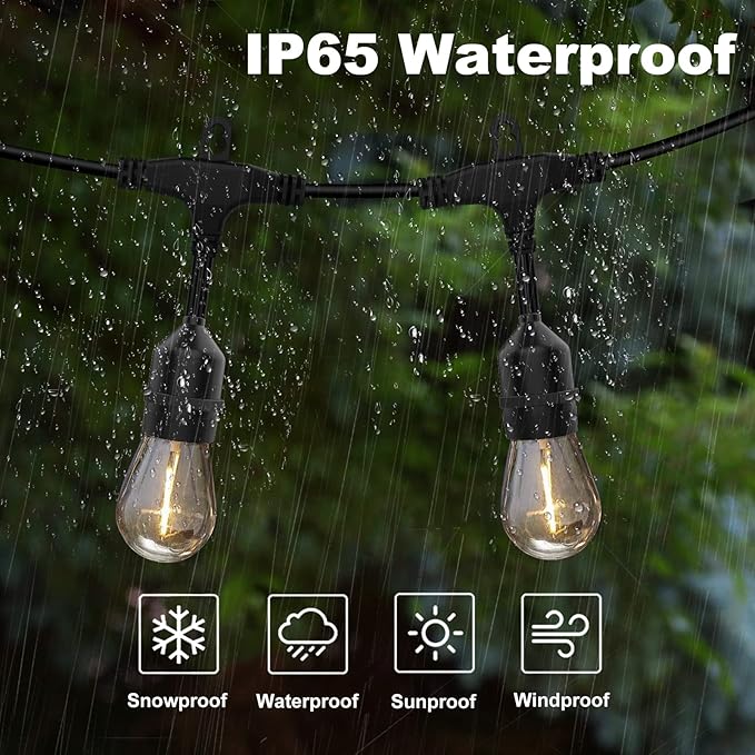 Achin Outdoor String Lights 96FT(48FT*2) Waterproof IP65 LED Patio Lights with 30+2 S14 Edison Bulbs Warm 2200K Hanging Lights Outside Shatterproof String Lights for Outside Bistro, Market, Yard