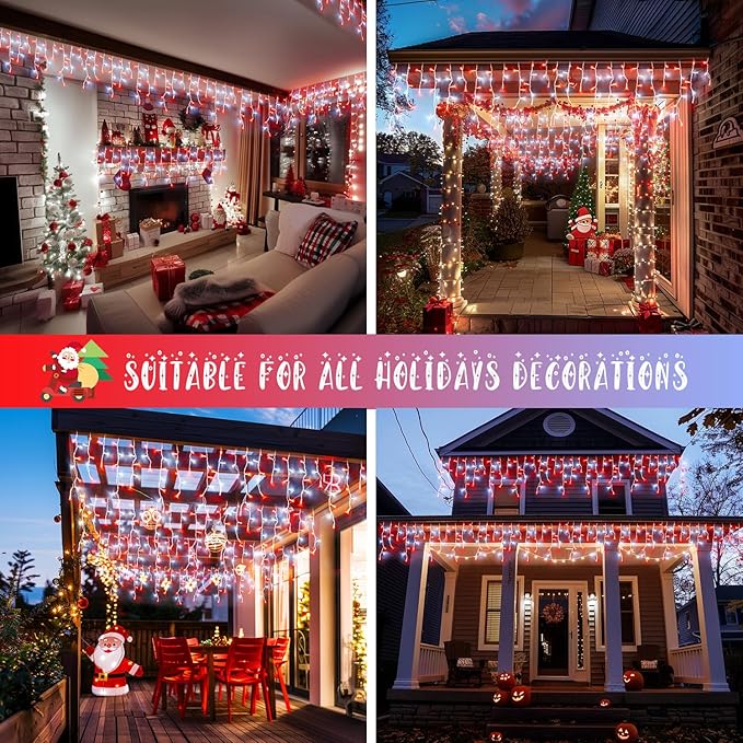 JMEXSUSS 38.8 Ft 400 LED Icicle Christmas Lights for Outside, 8 Modes Red and White Icicle String Lights Plug in with Remote, Christmas Lights Indoor Outdoor for Halloween Party Christmas Decoration