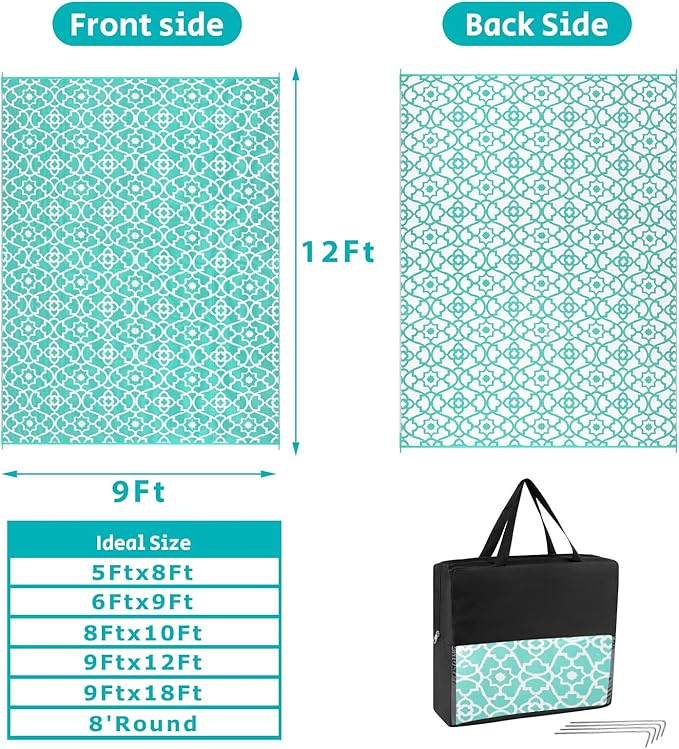 HEBE Outdoor Rug Waterproof 9x12, Reversible Plastic Straw Rug RV Camping Rug, Indoor Outdoor Patio Mat Clearance, Outside Carpet for Porch,Deck,Camper,Balcony,Backyard,Picnic