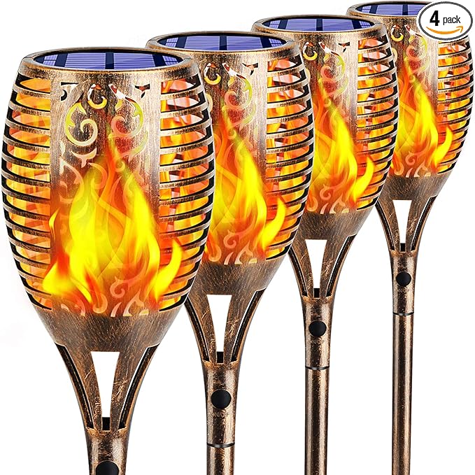 TomCare Solar Torch Lights 99 LED Flickering Flame 43" Decorative Waterproof Solar Powered Pathway Lights for Garden Patio Yard, 4Pack (Bronze)