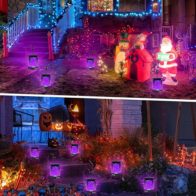 EOYIZW Solar Lanterns, 99LEDs Dancing Flickering Flame Lights, IP65 Waterproof, Purple, 3.5" H x 3.5" W x 3.5" D
