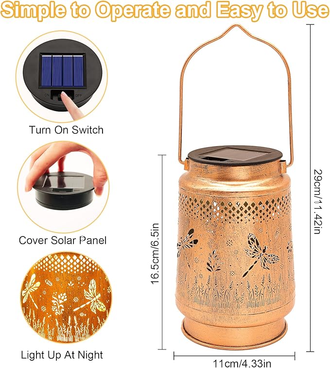 2 Pack Solar Lanterns Outdoor Garden Decor with Shepherd Hook, Gardening Gifts for Mom Grandma Women Dragonfly Metal Decor Lantern Waterproof Solar Lights LED Decorative for Garden Yard Patio