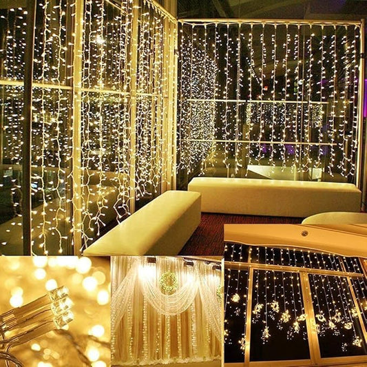 IMAGE Solar Curtain Lights 8 Modes 9.8x9.8 Feet Solar String Lights for Wedding Party Home Decoration Backdrops Full Waterproof UL Safety Standard Warm White