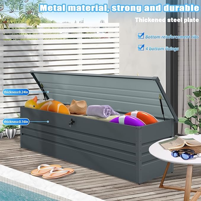 260 Gallon Metal Outdoor Storage Box Waterproof, Extra Large Deck Box and Patio Cushion Box for Storing Gardening Tools, Pool Supplies