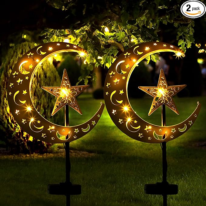 2 Pcs Ramadan Solar Lights Ramadan Decorations Outdoor Mubarak Star Moon Solar Stakes Lights Waterproof for Eid Decorations Outdoor Garden Walkway Lawn Patio Yard(Star)