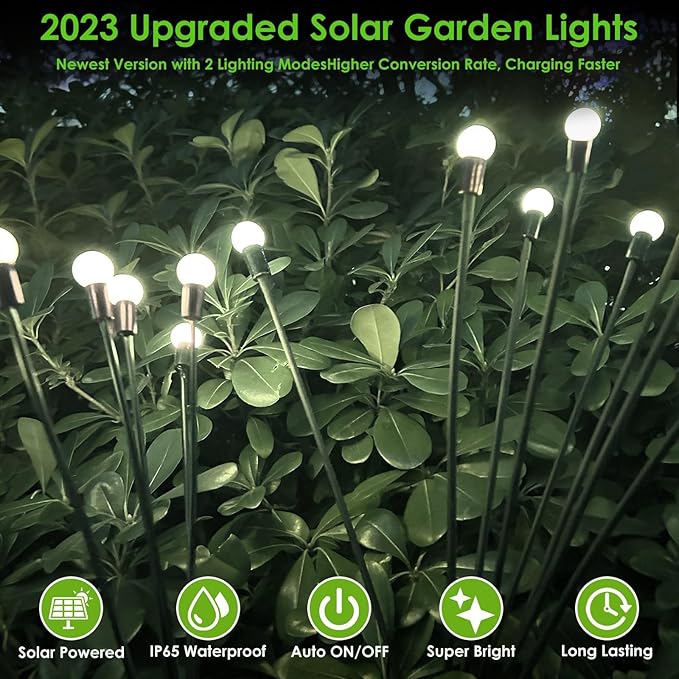 2025 Solar Lights Outdoor Waterproof, 2 Pack Solar Garden Lights, Solar Firefly Lights Outdoor Waterproof, Solar Twinkle Swaying Fairy Light for Yard Patio Pathway Garden Decoration (Cool White)