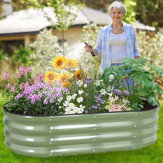 Galvanized Raised Garden Bed - 4×2×1ft (2 Packs) Planter Raised Beds for Gardening | Oval Metal Garden Planter Box with Safety Edging and Gloves for Vegetables Fruits and Flower OliveGreen