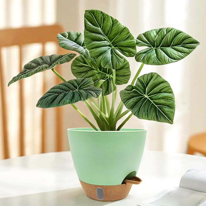 12/10/9/8 inch Self Watering Pots with Visual Water Window, Extra Large Self Watering Plant Pot with Drainage Holes and Saucers, Green Flower Pots for Indoor Plants