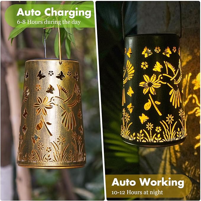 Kaixoxin 2 Pack Hummingbird Solar Lantern Lights Metal Outdoor Waterproof Garden Decor Hanging Lights for Backyard Porch Patio Table Yard Balcony Lawn Pathway Gifts for Women Grandma Mom