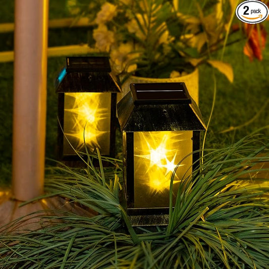 2 Pack Solar Lanterns Outdoor Waterproof, 3D Hanging Solar Lights, Type-C Rechargeable LED Pathway Lights with 2 Modes (Steady & Flashing), for Garden Decor, Patio, Yard, Camping