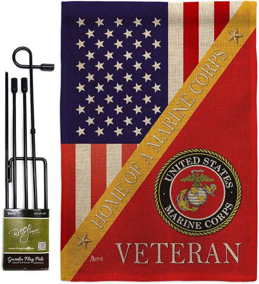 Home of Marine Corps Burlap Garden Flag - Set with Stand Armed Forces USMC Semper Fi United State American Military Veteran Retire Official House Banner Cemetery Yard Rememberance Veterans Day Gifts