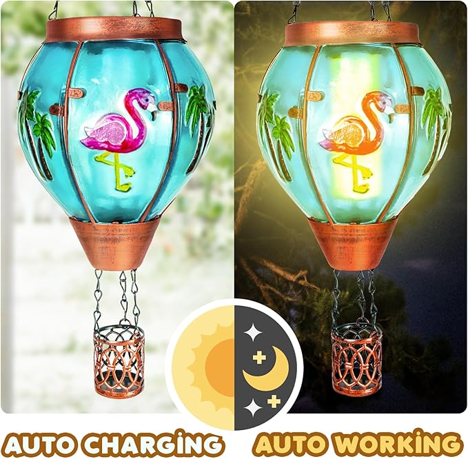 2 Pack Solar Hot Air Balloon Lantern With Flame, Flamingo Glass Solar Outdoor Lights for Patio Garden Decor, Gifts for Women Grandma Mom