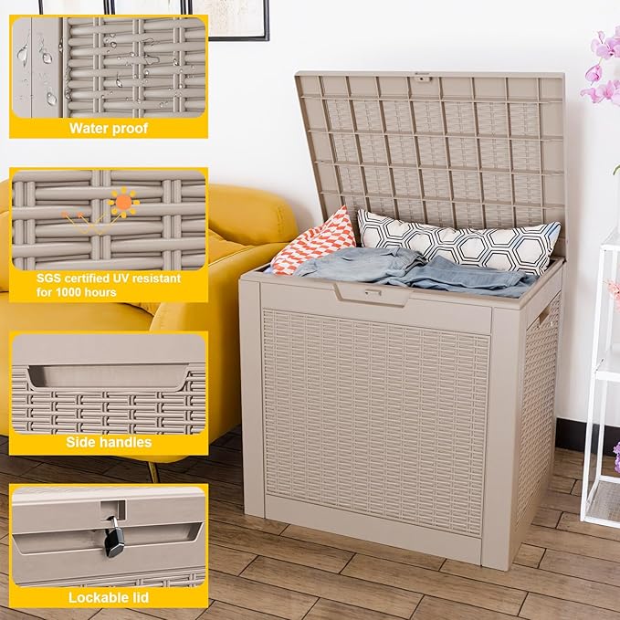 31 Gallon Waterproof Outdoor Storage Box,Resin Deck Box,Lockable Outside Storage Box Container for Patio Furniure,Garden,Pool Tools (31 Gallon,Grey)