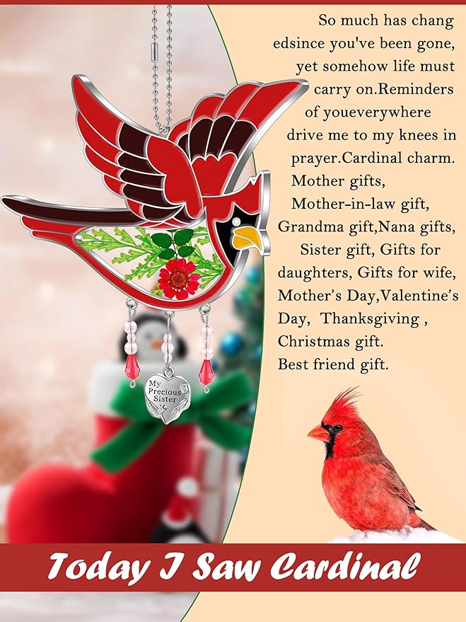 KY&BOSAM Cardinal Suncatcher Stain Glass My Precious Sister Had-Painted Sun Catcher Hanging for Window Wind Chime Gifts for Sister Mother`s Day Valentine's Birthday Christmas Thanksgiving