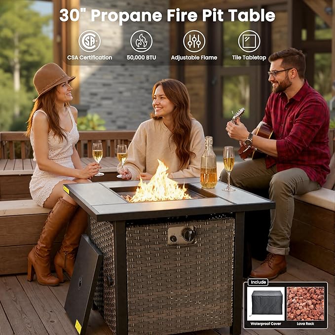 ovios 5 Pieces Patio Furniture Set with 30" Fire Pit Table, Outdoor Wicker Sofa with Loveseat, Comfy Cushions, High Back Couch Conversation Set, Brown Rattan, Beige