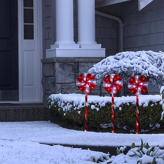 Alpine Corporation 28" H Outdoor Candy Cane Yard Stakes with Red and White LED Lights (Set of 3), Christmas Decoration