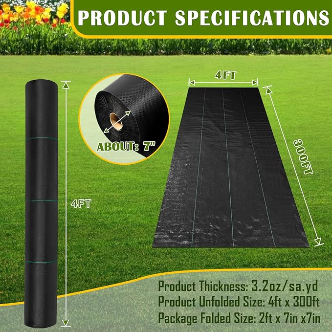 KAKO 4 x 300Ft Weed Barrier Fabric Heavy Duty, Weed Barrier Landscape Fabric, Garden Fabric Weed Barrier, Garden Weed Barrier Fabric Weed Cloth for Garden Fabric, Landscaping Fabric, Driveway Fabric