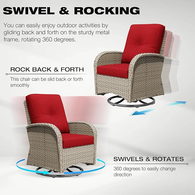 Joyside Outdoor Swivel Rocker Chairs, 6 Piece Wicker Patio Set with Thick Cushion and Side Table, Rattan Patio Swivel Rocking Chairs for Porch, Deck Use (Natural/Red, 6 PCS)
