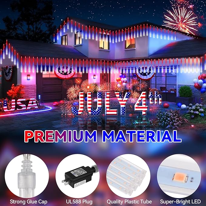 KNONEW 24 Tube Red White and Blue Meteor Shower Lights 4th of July Decorations,16 in 672 LEDs String Lights,52FT Plug in Waterproof Outdoor Lights for Independence Day House Tree Party Decor