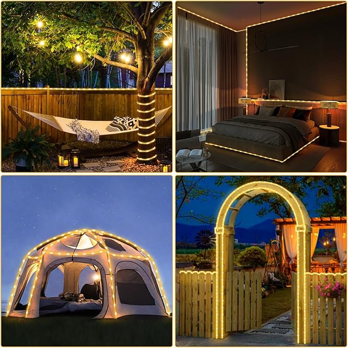 184FT 1000LED Rope Lights Outdoor, Outside LED Rope Lights Plug in String Lights Waterproof 8 Modes Clear Tube Lights for RV Camping Pool Patio Garden Christmas Tree Holiday Decoration(Warm White)