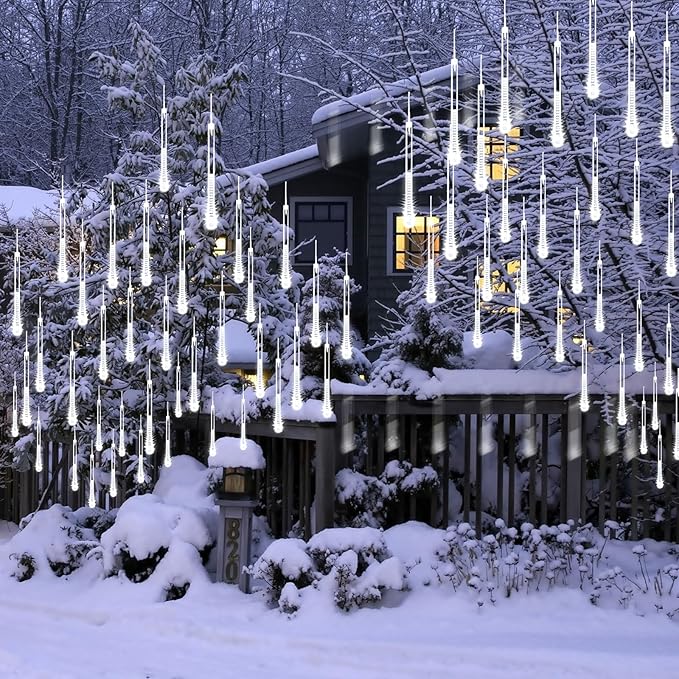 2-Pack Christmas Decorations Lights Outdoor, Total 384LED Meteor Shower Lights Rain Drop Light 30cm 16 Tubes Indoor Outdoor Snow Cascading String Light for Xmas Tree Roof Party Garden (Cool White)