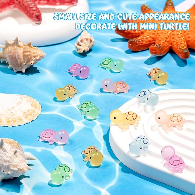 102PCS Luminous Mini Resin Turtles Sea Turtles Figurines Glow in The Dark, Cute Tiny Turtles Bulk for Cake Toppers Ocean Animal Theme Decor Garden Micro Landscape DIY Hidden Game (6 Colors)
