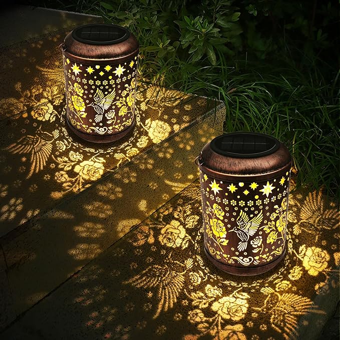 Kaixoxin 2 Pack Solar Garden Decor Metal Lantern Hummingbird Table Lamp Bronze Outdoor Dercoration Great Gift for Women Mon Grandma Hanging Lights for Patio Courtyard Garden