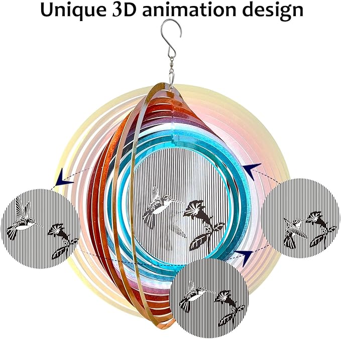 3D Animations Hummingbird Wind Spinner for Yard and Garden,12In Metal Wind Spinners Hummingbird Gift for Women Mom Grandma Wife,Outdoor Garden Decor Hanging Kinetic Yard Art Wind Sculpture