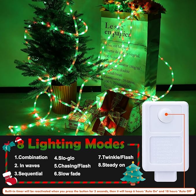 200ft LED Rope Lights Outdoor, 1440 LED Connectable and Flexible Tube Lights with 8 Modes, Waterproof LED Rope Lighting for Garden Patio Pool Bedroom PartyIndoor Outdoor Christmas Decor (Red & Green)
