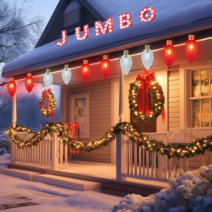 2 Pack 11Feet 5 LED Super Jumbo Christmas String Lights or Pathway Marker Lights, Outdoor Xmas Decorations- Jumbo C9 Hanging Lights Waterproof Lawn Dec for Holiday Home Tree Roof Yard, Red ＆ White