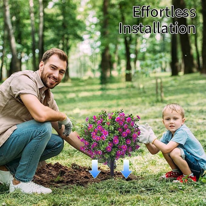 23.6" Artificial Boxwood Topiary Ball Trees with Purple Flowers, Set of 2 UV Resistant No Fade Outdoor Faux Plants with Ground Spike, Fake Shrubs for Garden, Patio, Porch, Yard, Indoor Decor