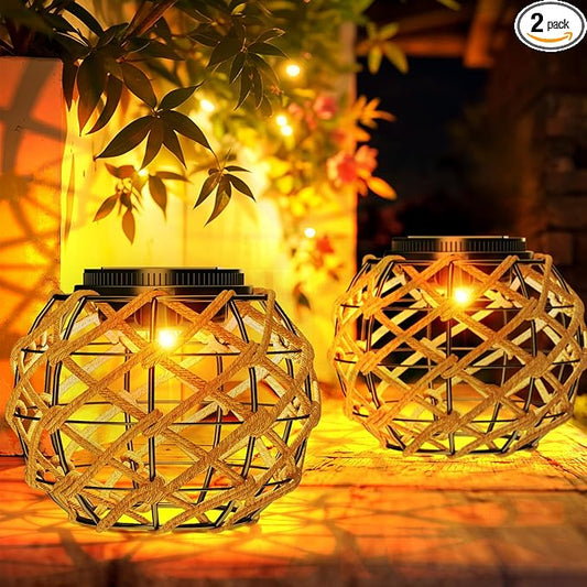 JSOT Solar Lantern - 2 Pack Hemp Rope Hanging Lights Outdoor Lanterns Wall Lanterns Hanging Solar Lamps for Front Porch Patio and Yard