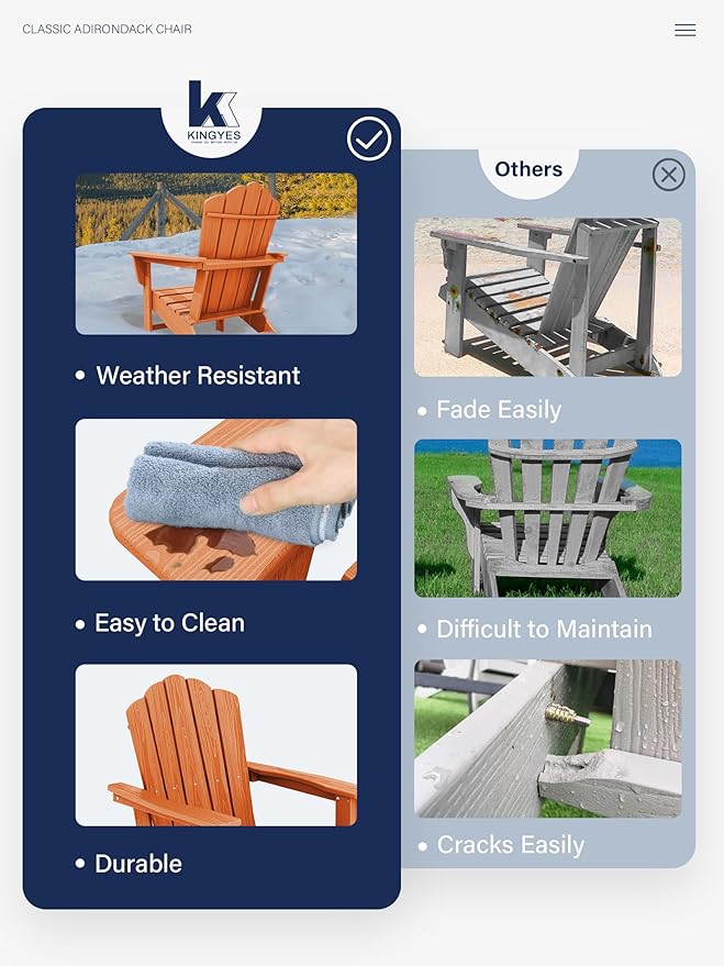 KINGYES HDPE Adirondack Chair Chair Set of 2, Classic All-Weather Adirondack Chair, Orange