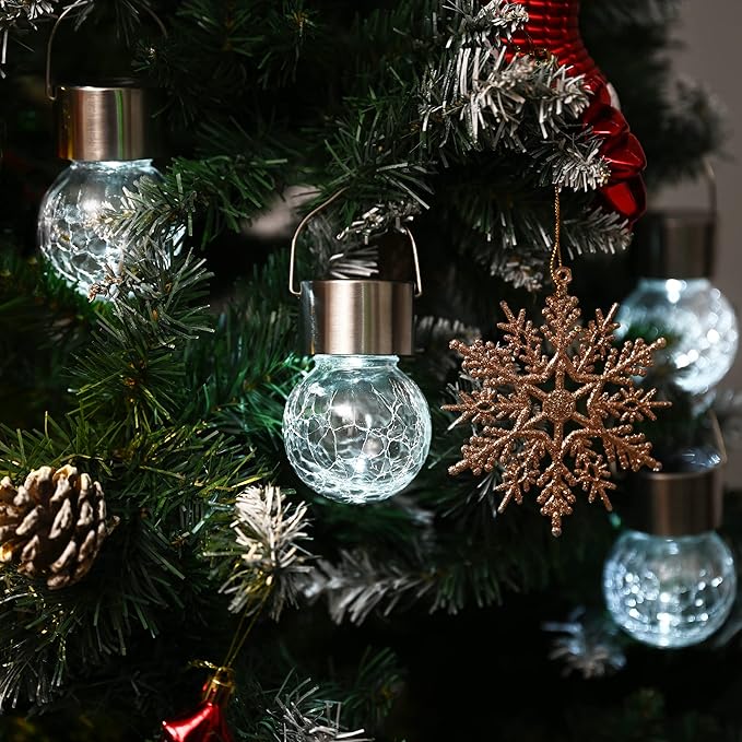 GIGALUMI 8 Pack Solar Hanging Lights, Christmas Decoration Lights with Multi-Color Changing Cracked Glass Hanging Ball Solar Outdoor Lights Waterproof Solar Lanterns for Garden, Yard, Patio, Lawn