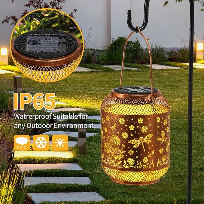 2 Pack Solar Lanterns Outdoor Waterproof Dragonfly Garden Decor Birthday Gifts for Women Mom Grandma Hanging Solar Lights Metal Decoration Outside for Yard, Patio, Backyard, Porch,Pathway