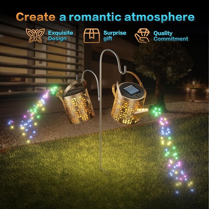 Solar Watering Can with Colorful Lighting, Waterproof Garden Decor, Birthday Gifts for Mom Grandma (Flower, 32 inch Shepherd Hook)