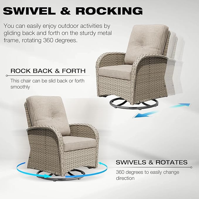 Joyside Outdoor Swivel Rocker Chairs, 6 Piece Wicker Patio Set with Thick Cushion and Side Table, Rattan Patio Swivel Rocking Chairs for Porch, Deck Use (Natural/Beige, 6 PCS)