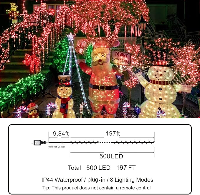 KNONEW 197FT 500 LED Christmas Lights Outdoor String Lights 8 Modes & Time Memory Fairy Light Plug in Waterproof LED String Lights for Xmas Yard Tree Wedding Party Holiday Decorations (Red)