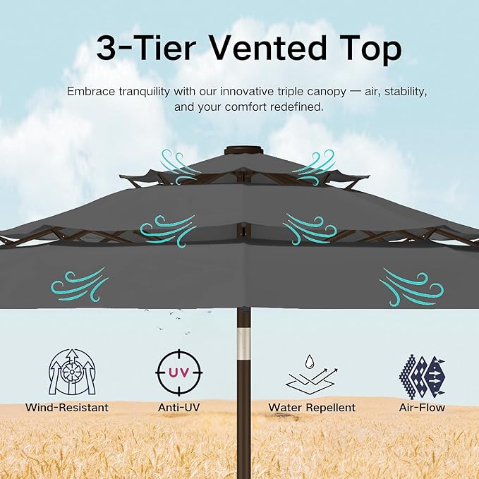 Kingdura 10ft 3-Tier Patio Umbrella with Solar Lights, Table Umbrella Outdoor Patio with Easy Crank & Tilt, 8 Sturdy Ribs, UV Protection, 32 LED Lights for Deck, Poolside, Market (Grey)