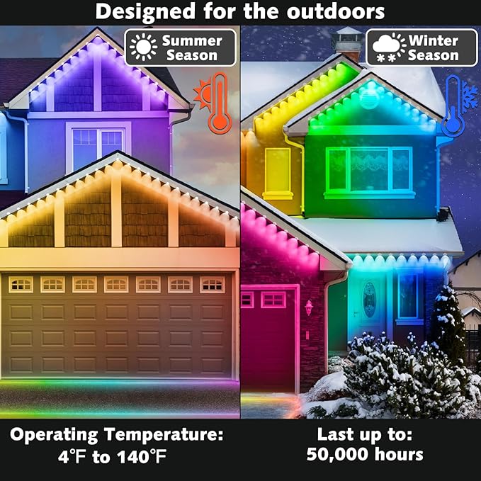 500FT Permanent Outdoor RGB Lights,IP67 Waterproof Smart LED Eaves Lights with App/Remote Control,for Christmas and All Holiday Decor,Daily and Accent Lighting,House Roof and Garden Lighting