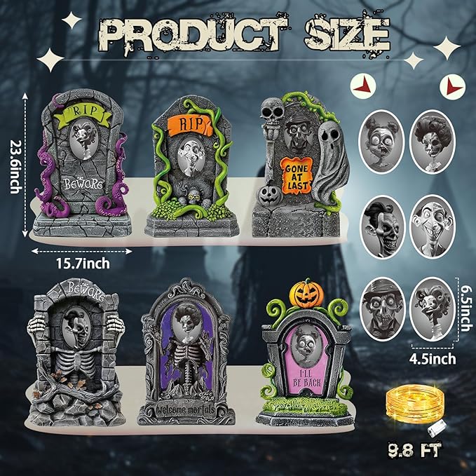 Hiboom 6 Set Large Halloween 3D Changing Face Rip Graveyard Tombstones and 23.6x15.7 Inch Halloween Skeleton Headstone 6 Pcs LED String Lights Halloween Decoration for Yard Garden Lawn