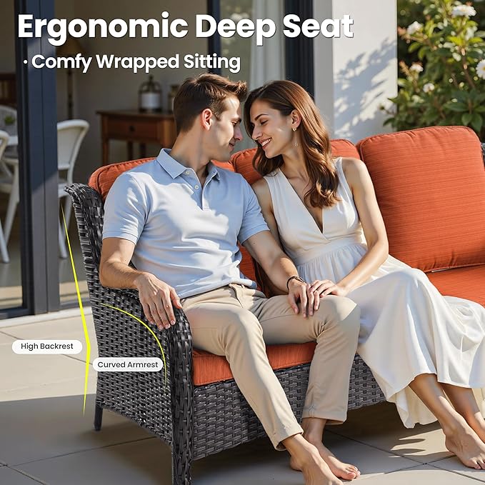 ovios 5 Pieces Patio Furniture Set with 42" Fire Pit Table, Outdoor Wicker Sofa with Loveseat, Comfy Cushions, High Back Couch Conversation Set, Brown Rattan, Orange Red