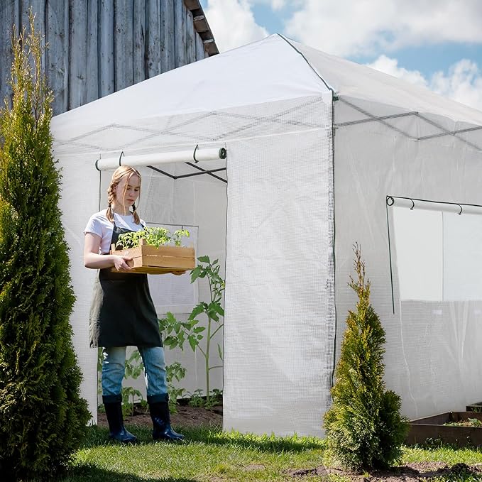 EAGLE PEAK 10x10 Portable Walk-in Greenhouse, Pop-up Indoor Outdoor Garden Green House, Zippered Doors and Windows, PE Cover, White