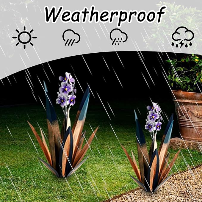 Jesokiibo Tequila Rustic Sculpture DIY Metal Agave Plant Home Decor Rustic Hand Painted Metal Agave Garden Ornaments Outdoor Decor Figurines Home Yard Decorations Stakes Lawn Ornaments (Blue 2PCS)