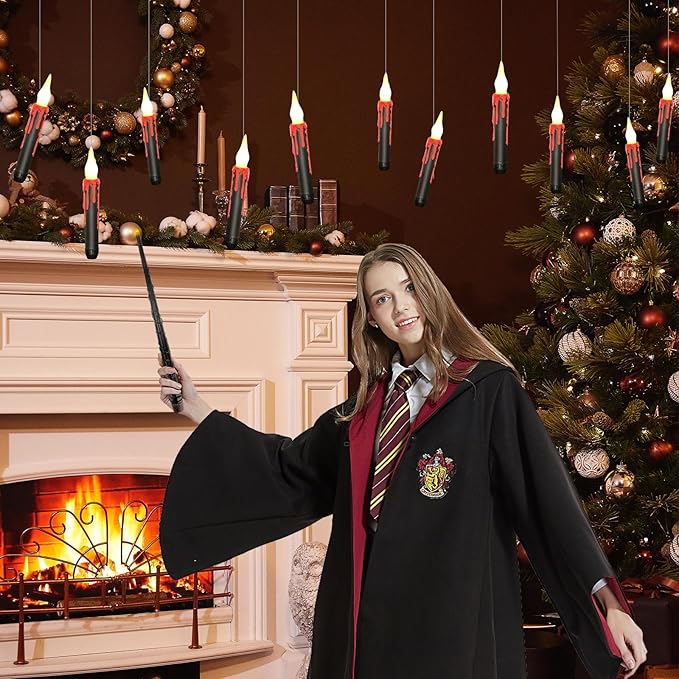 12pcs Floating Candles with Wand, Magic Hanging Candles, Flameless Candles with Magic Wand Remote, Battery Operated Hanging Window Candle, 6.1" LED Electric Candles for Christmas Halloween Decorations
