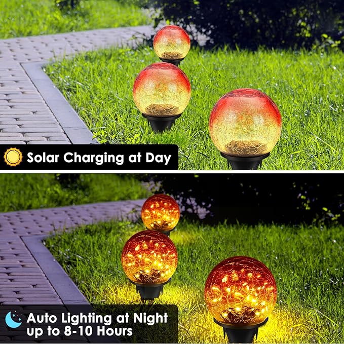 2 Pack Garden Solar Lights Outdoor Decorative, 60 LED Gradient red Cracked Glass Solar Globe Lights, Upgraded Waterproof Ball Lights for Yard Pathway Patio Christmas Outside Decor, 4.73"