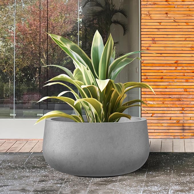Kante 15.7" Dia Round Concrete Planter, Outdoor Indoor Garden Plant Pots with Drainage Hole and Rubber Plug, Modern Curvaceous Design, Natural Concrete