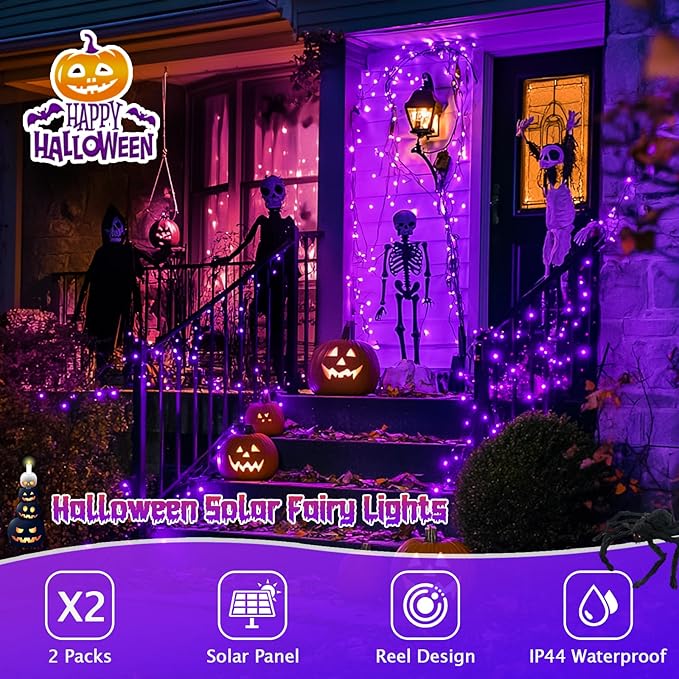 JMEXSUSS 2 Pack Purple Solar Halloween Lights Outdoor, 66ft 200 LED Solar Fairy Lights Outdoor Waterproof, 8 Modes Solar String Lights for Outside Halloween Christmas Decorations