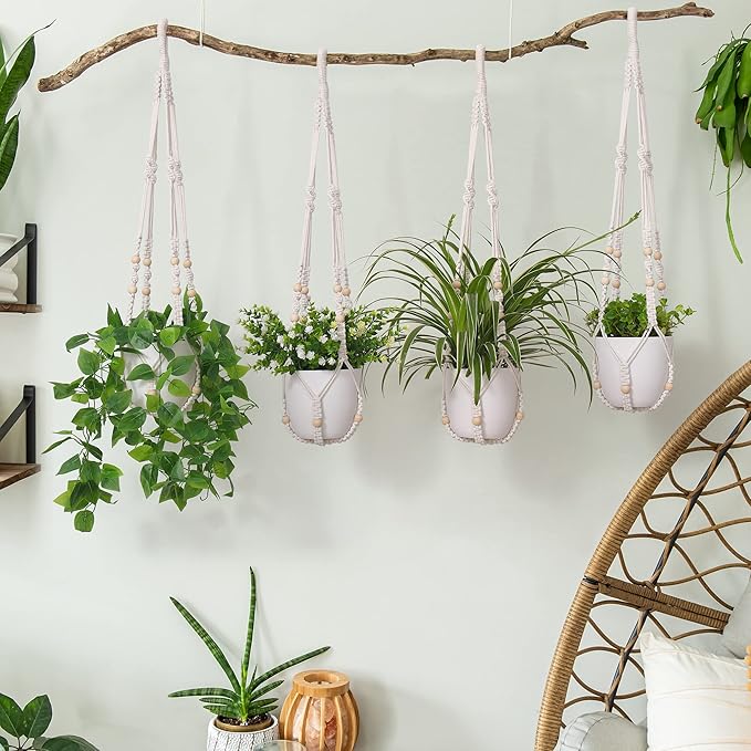 YIBOT 2 Pack Macrame Plant Hanger Indoor Hanging Planter Basket with Wood Beads Decorative Flower Pot Holder No Tassels for Indoor Outdoor Boho Home Decor-35 Inch